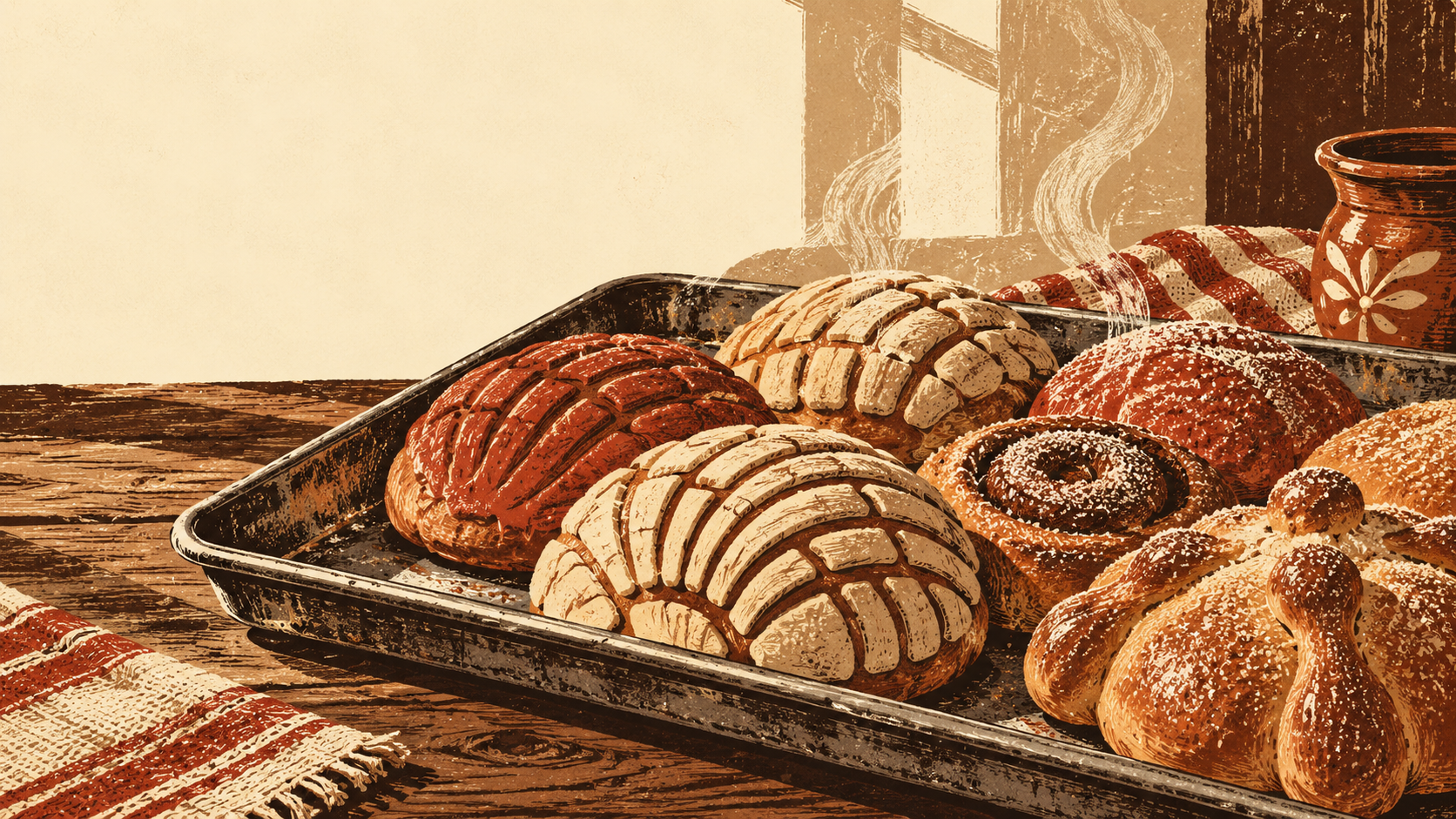 Illustration of a tray of shell-patterned conchas and sweet breads in morning light