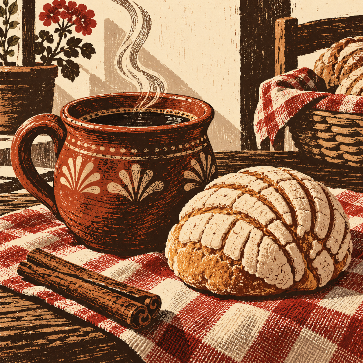 Illustration of a clay mug of cinnamon coffee beside a sweet bread roll